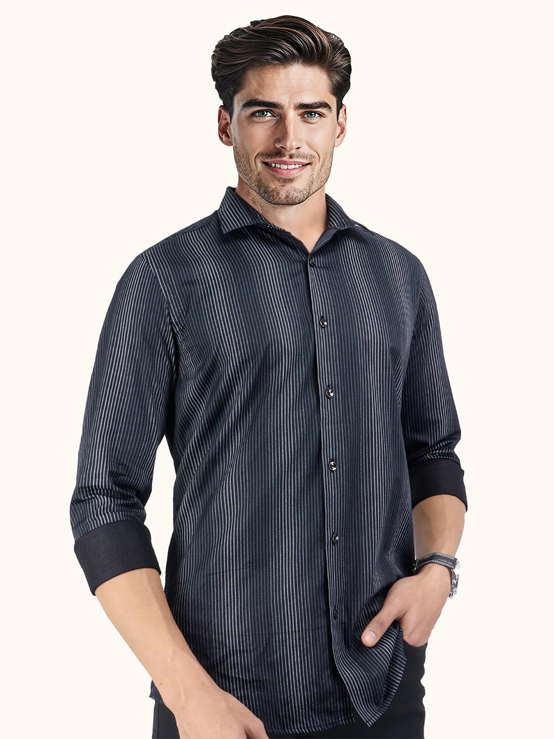 ROUGHELLS Men Striped Slim Fit Opaque Cotton Casual Shirt