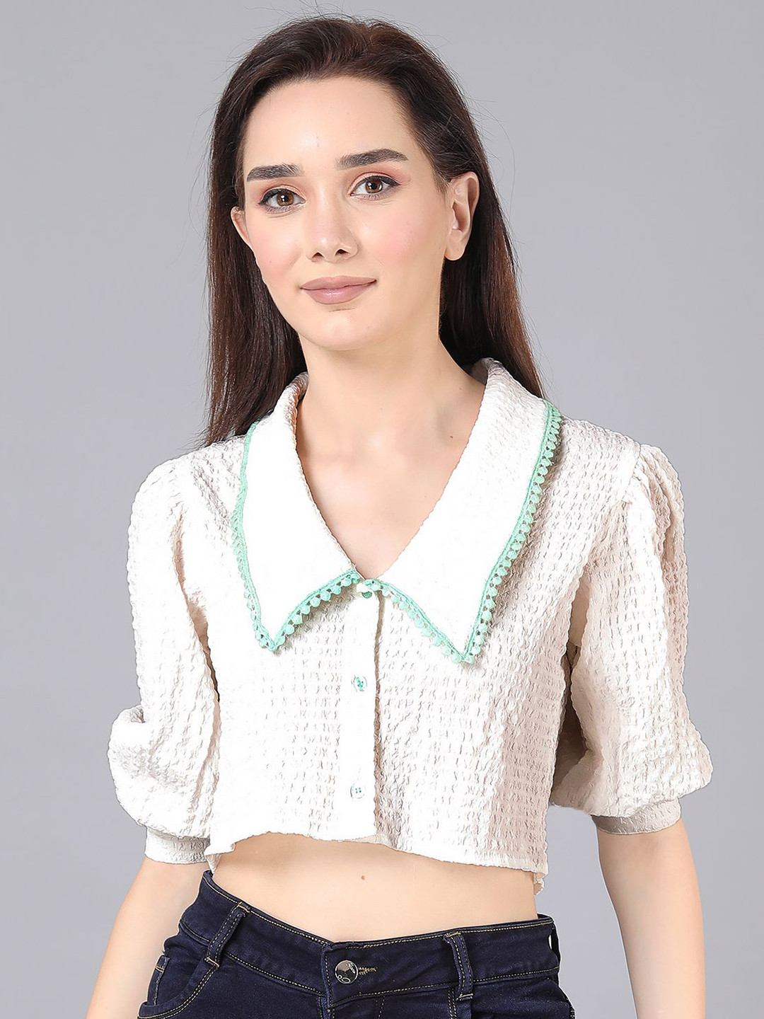 JAKANARY Women Puff Sleeve Shirt Style Crop Top