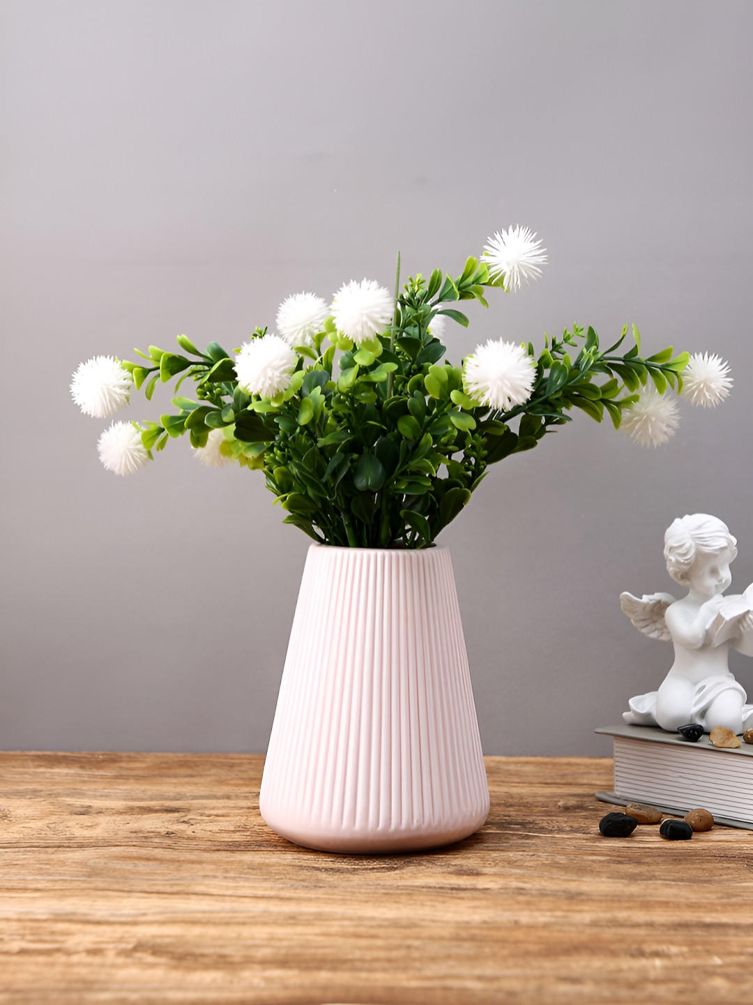 TAYHAA Blush Harmony Pink Striped Ceramic Fluted Flower Vase