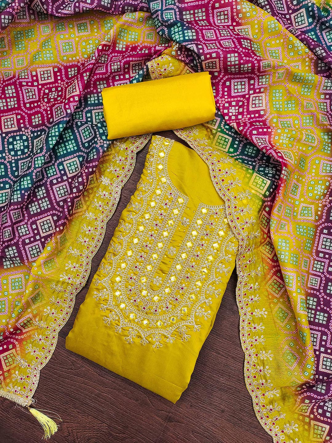 SHADOW & SAINING Floral Embellished Mirror Work Roman Silk Semi-Stitched Dress Material