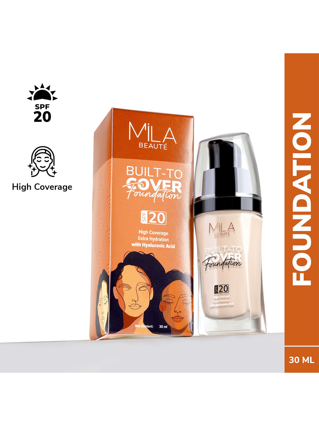 MILA BEAUTE Built To Cover Foundation SPF 20 With Hyaluronic Acid - 30 ml - Ivory
