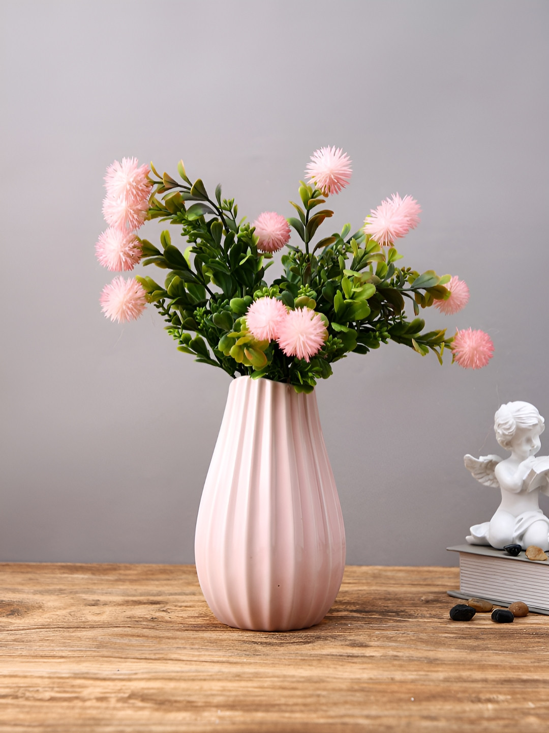 Myntra Elegant Homes Pink Ripple-Striped Ceramic Glossy Flower Vase