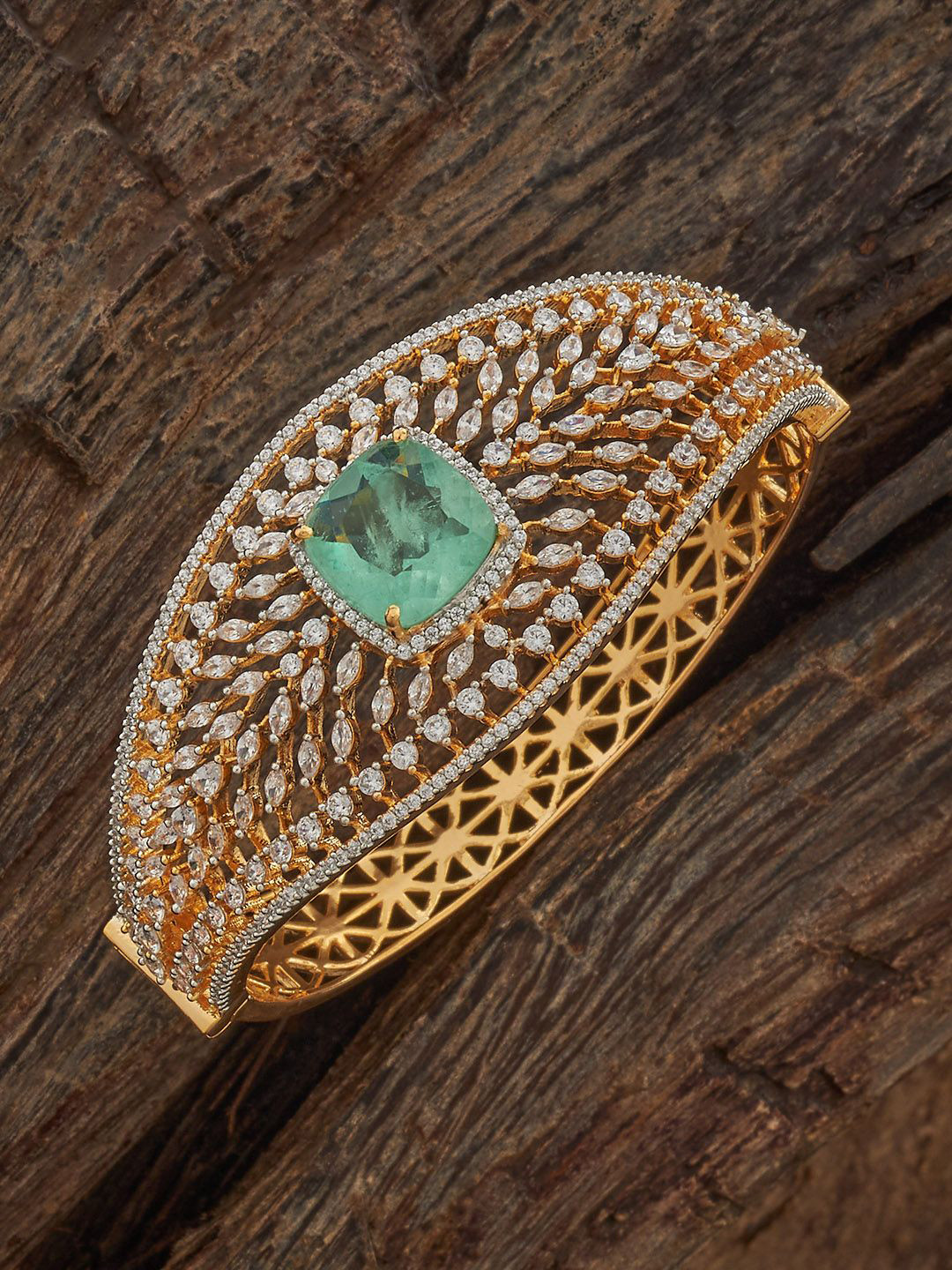 Kushal's Fashion Jewellery Gold-Plated Mint Green Cubic Zircon Studded Kada Bangle