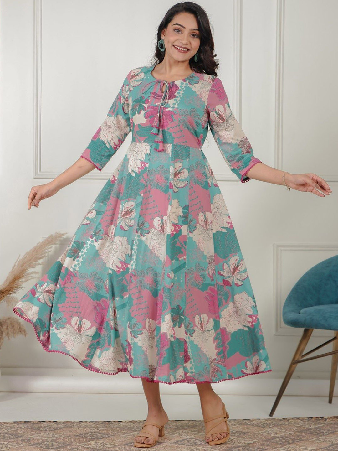 Aramya Floral Printed Tie-Up Neck Pure Cotton Anarkali Dresses