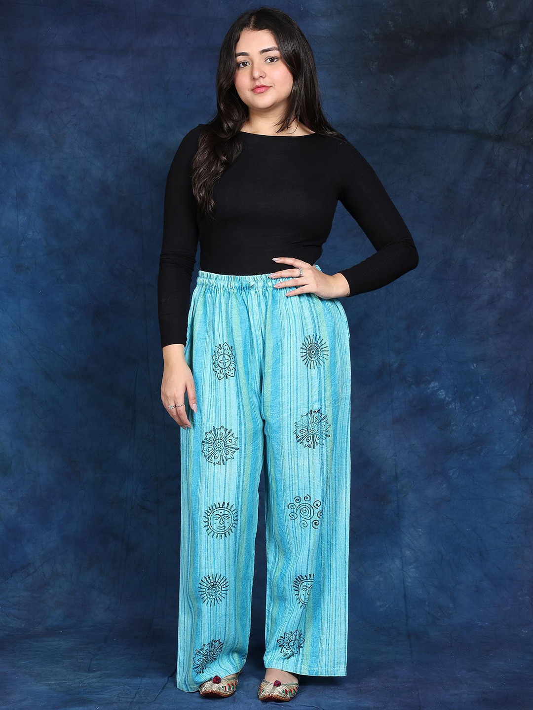 Exotic India Women Blue Radiance Cotton Loose Fit Palazzo with Printed Auspicious Symbols