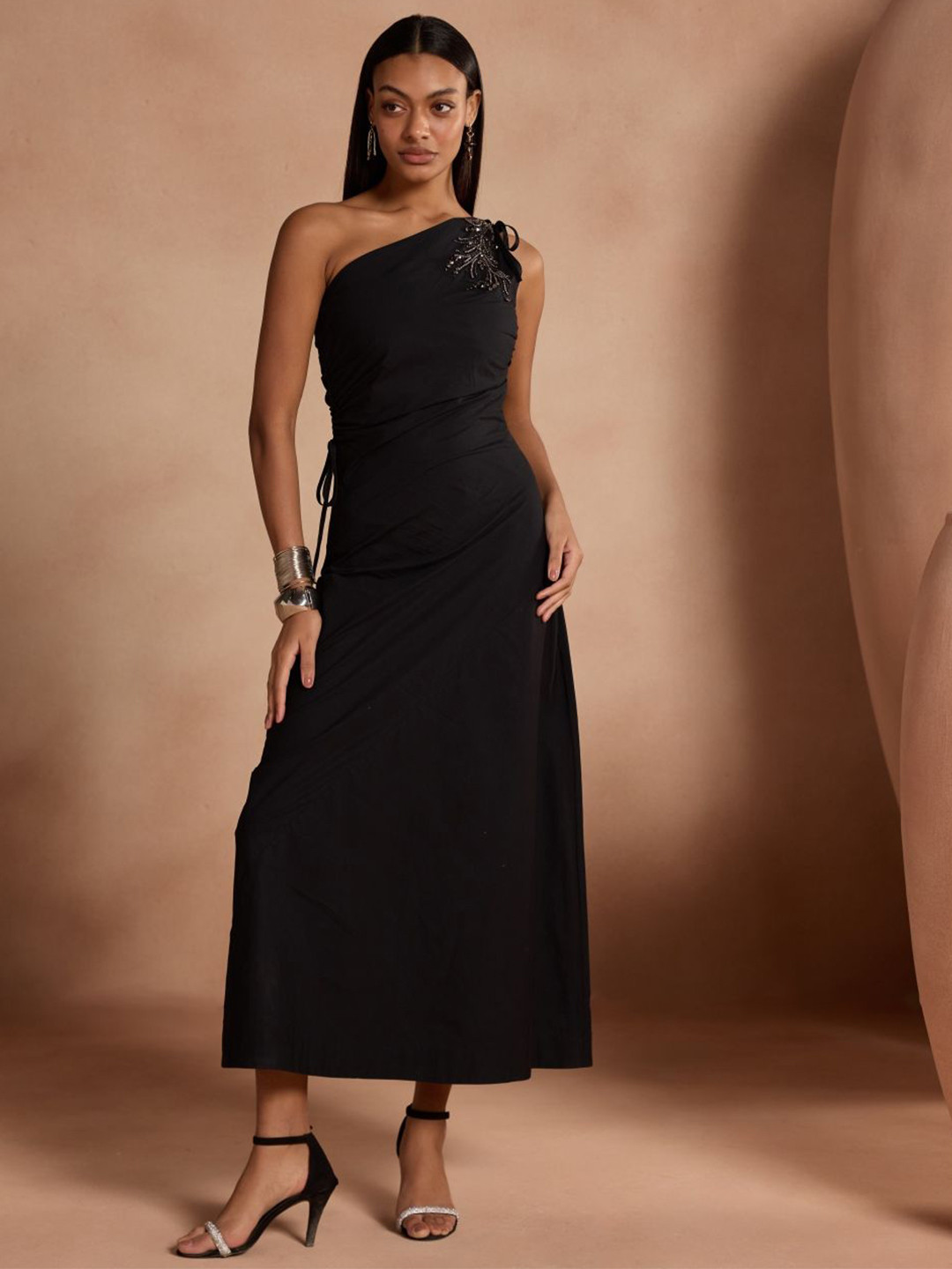 Style Island Women Embroidered One Shoulder A-Line Midi Dress