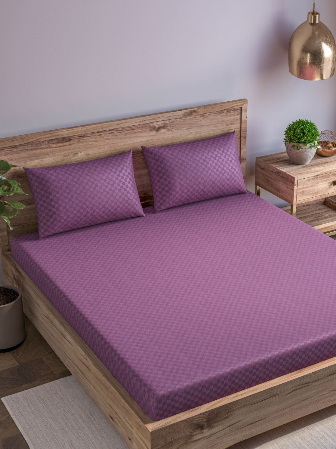 Trance Home Linen Violet Checked Cotton 300 TC Fitted Queen Fine Bedsheet with 2 Pillow Covers-75 x 60 inches
