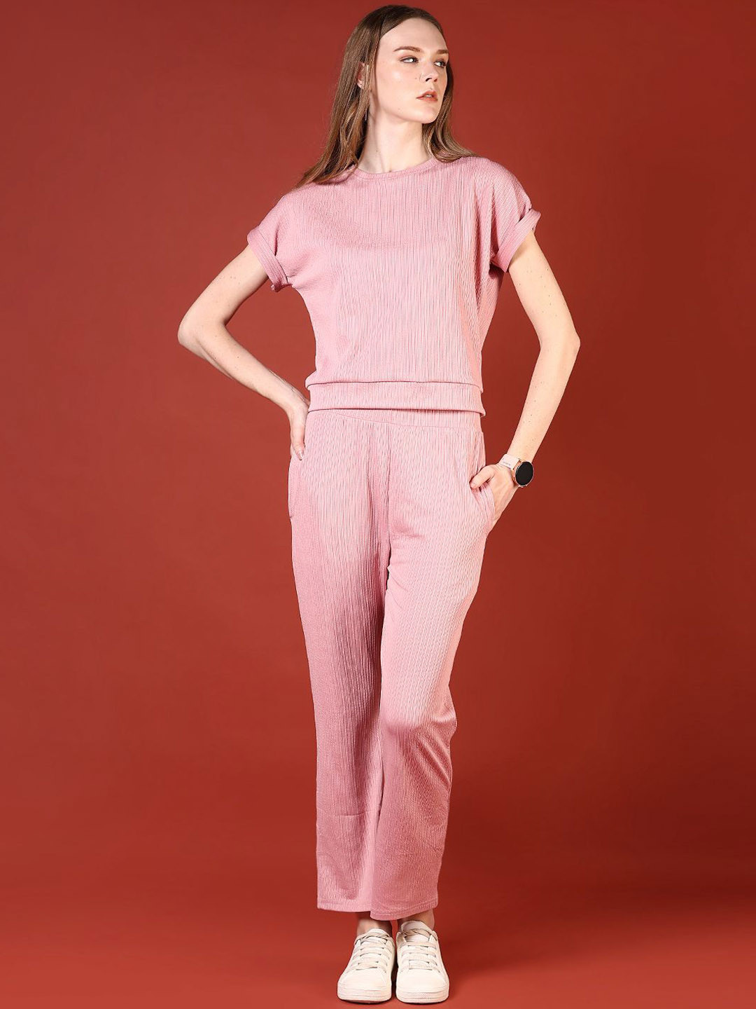 V-Mart Textured Round Neck T-Shirt With Trouser