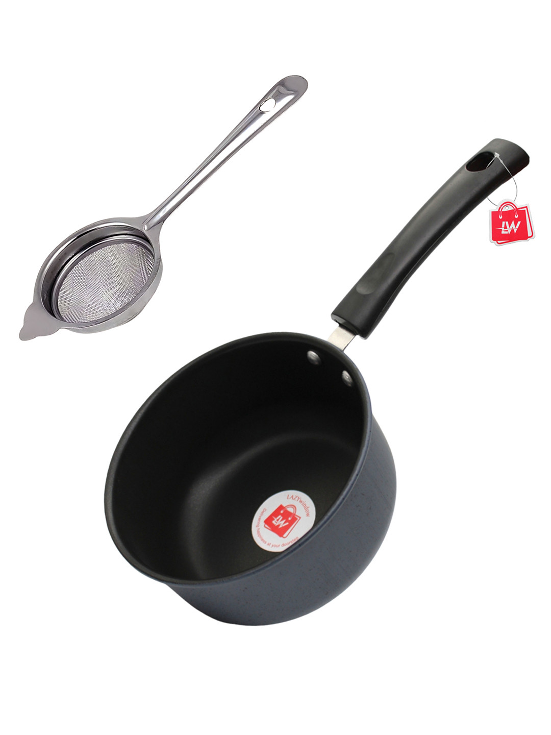 LAZYwindow Grey & Black 2 Pieces Dishwasher Safe Nonstick Sauce Pan 1.5L With Tea Strainer