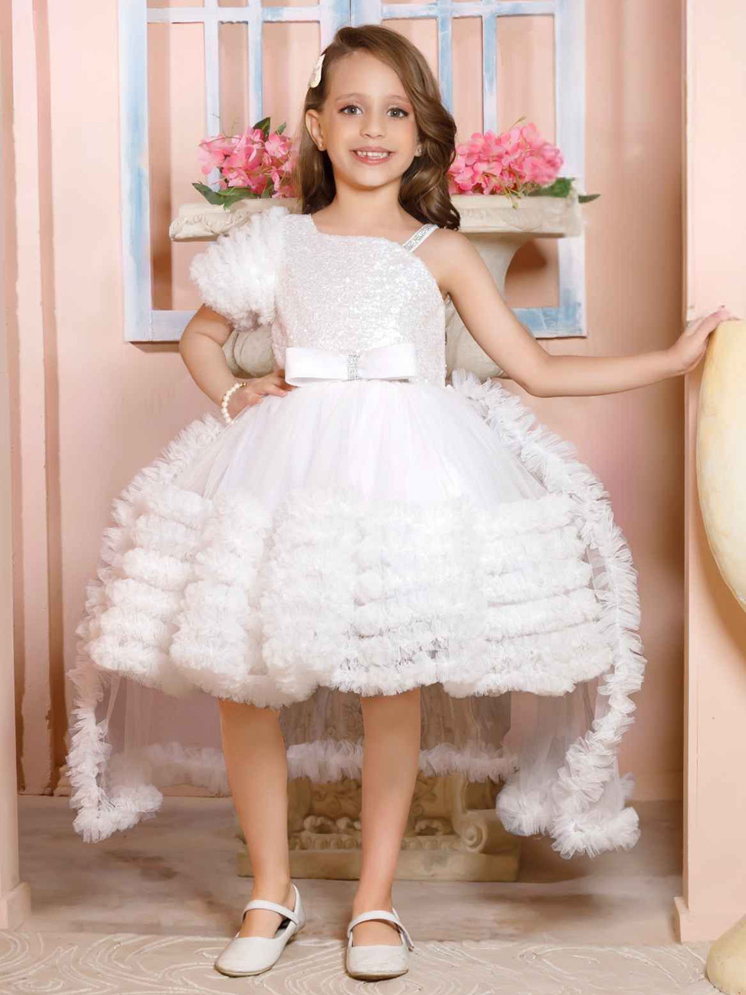 Lagorii Girls Sequins Work With Bow Embellished Party Wear Tailback Frock - White