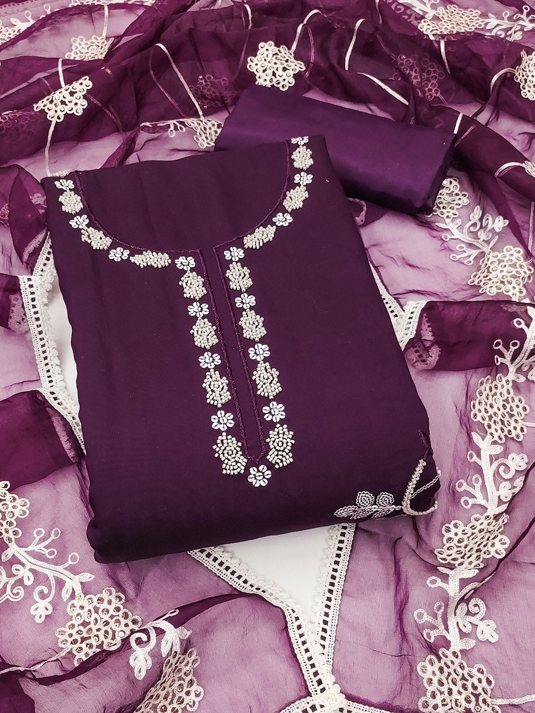 SHADOW & SAINING Floral Embroidered Bead & Stones Cotton Silk Semi-Stitched Dress Material