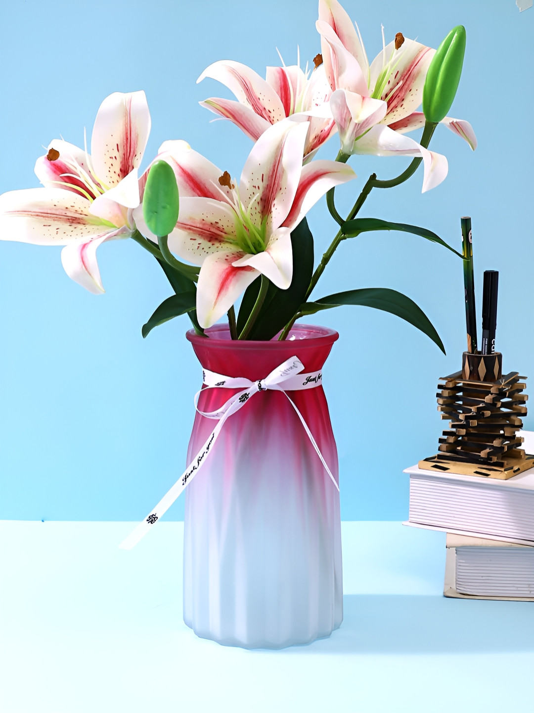 Myntra Elegant Homes Pink & White Ombre Glass Flower Vase