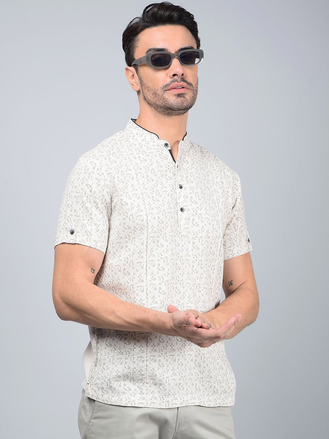 Crimsoune Club Men Abstract Printed Band Collar Pure Cotton A-Line Kurta