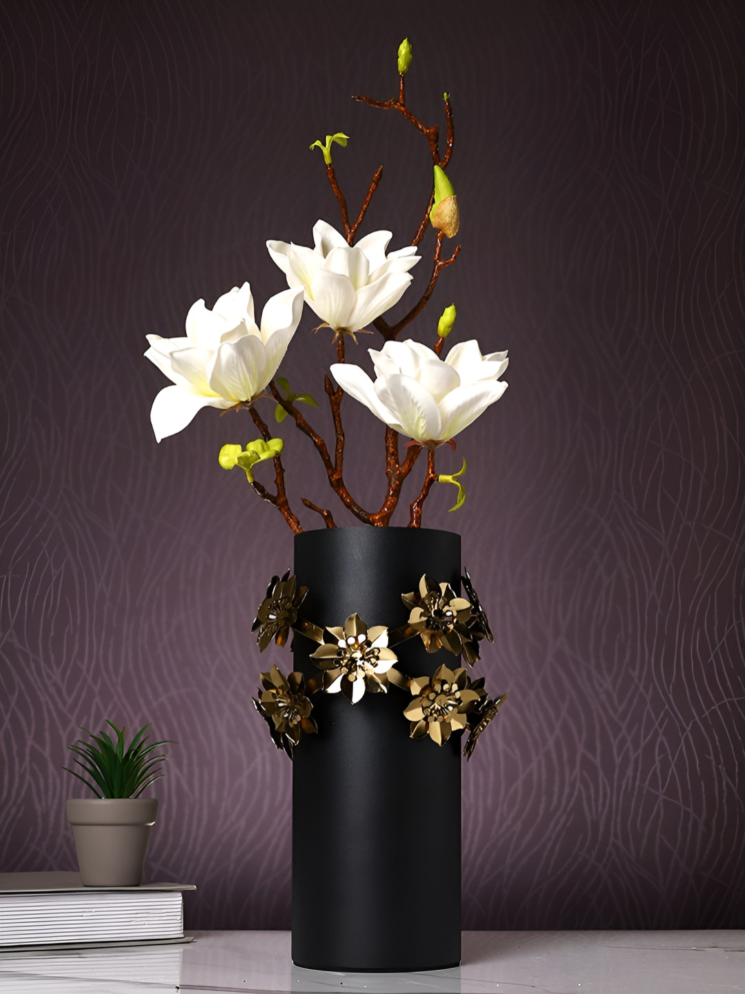Myntra Elegant Homes Black And Gold-Toned Floral Cylindrical Flower Vase