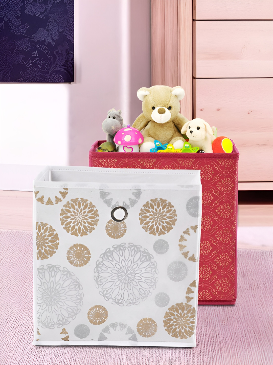 Aura Maroon & White 2 Pieces Foldable Square Cloth Storage Box Drawer Organisers