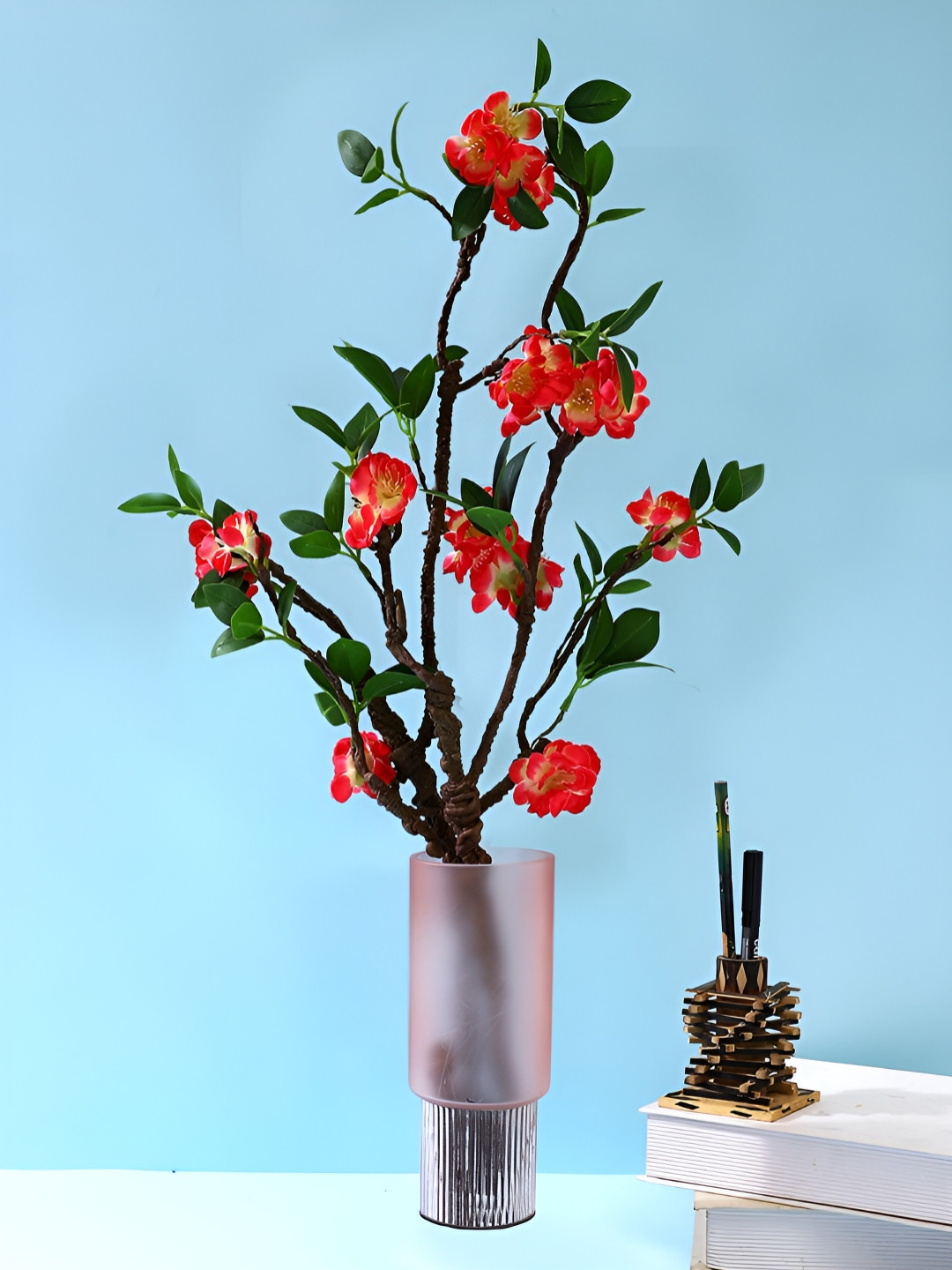 Myntra Elegant Homes Pink Frost-Striped Glass Flower Vase