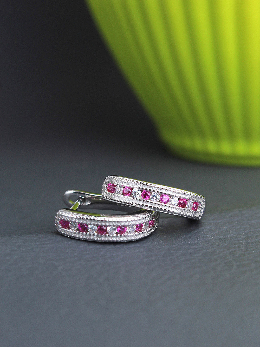 DEVASHREE Huggie 925 Sterling Silver Rhodium-Plated Cubic Zirconia Circular Hoop Earrings