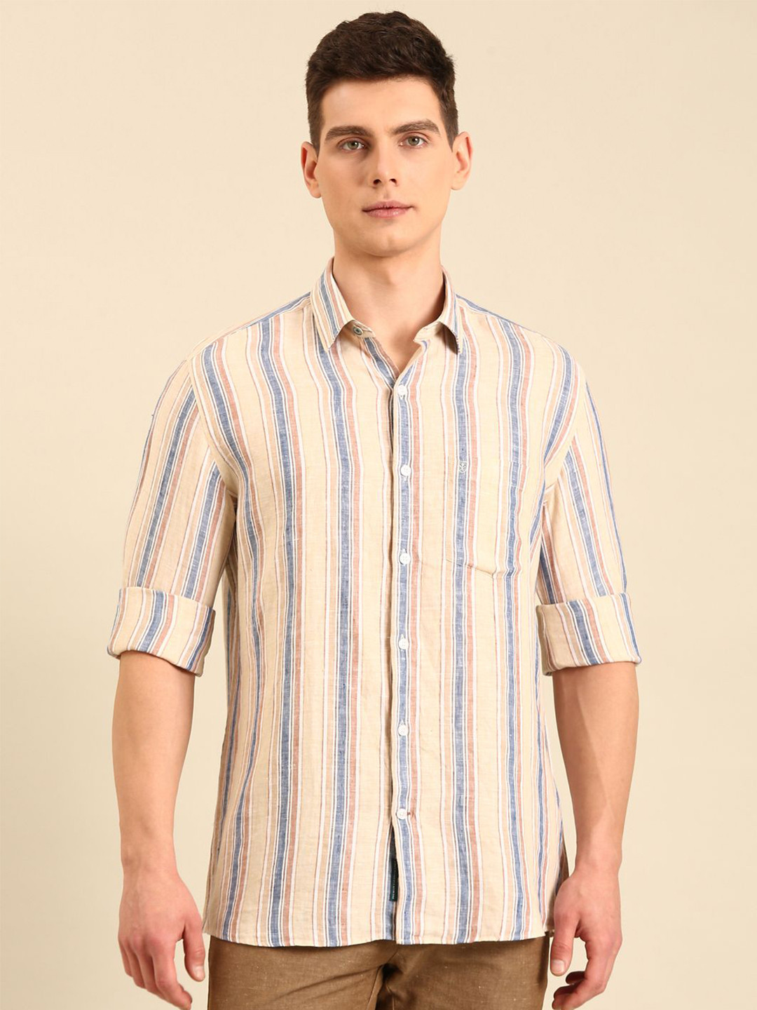 Linen Club Vintage Contemporary Slim Fit Striped Pure Linen Casual Shirt
