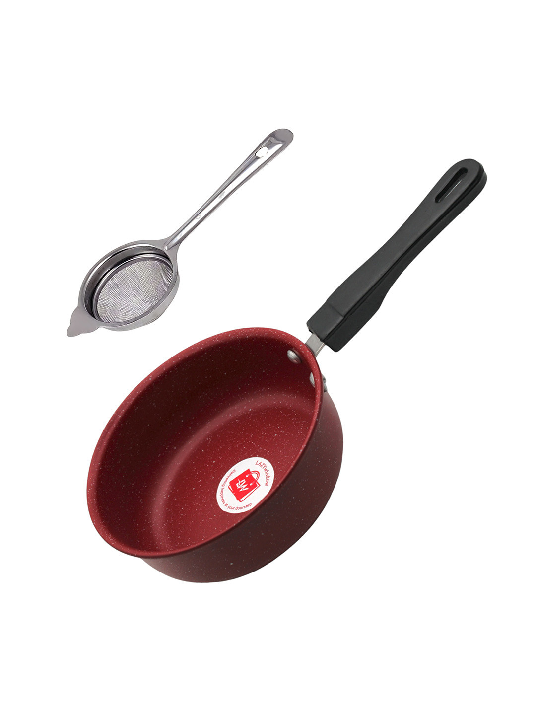 LAZYwindow Red & Black 2 Pieces Metal Sauce Pan 1L & Tea Stainer