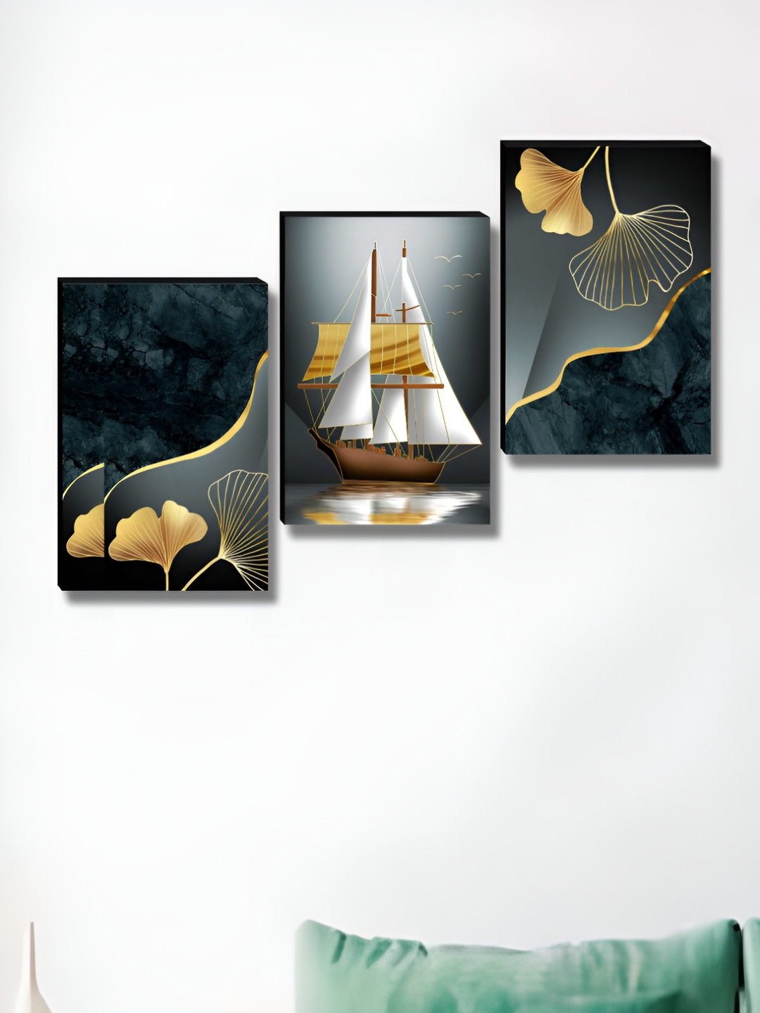 Myntra Elegant Homes Ship Synthetic Wood 3 Piece Rectangle Paintings Wall Art - 36 x 12 In
