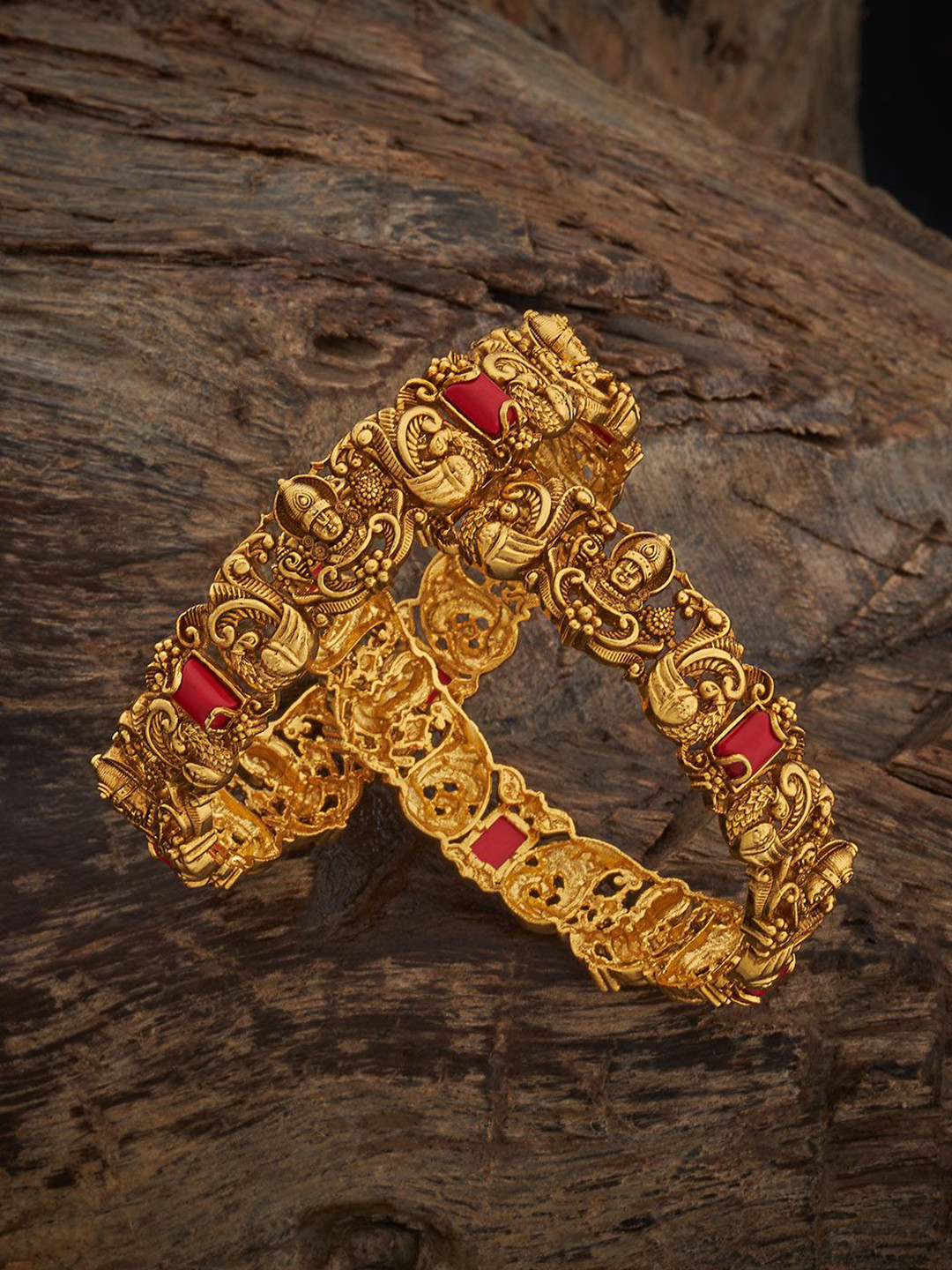 Kushal's Fashion Jewellery Set Of 2 Gold-Plated Coral Ethnic Antique Bangles