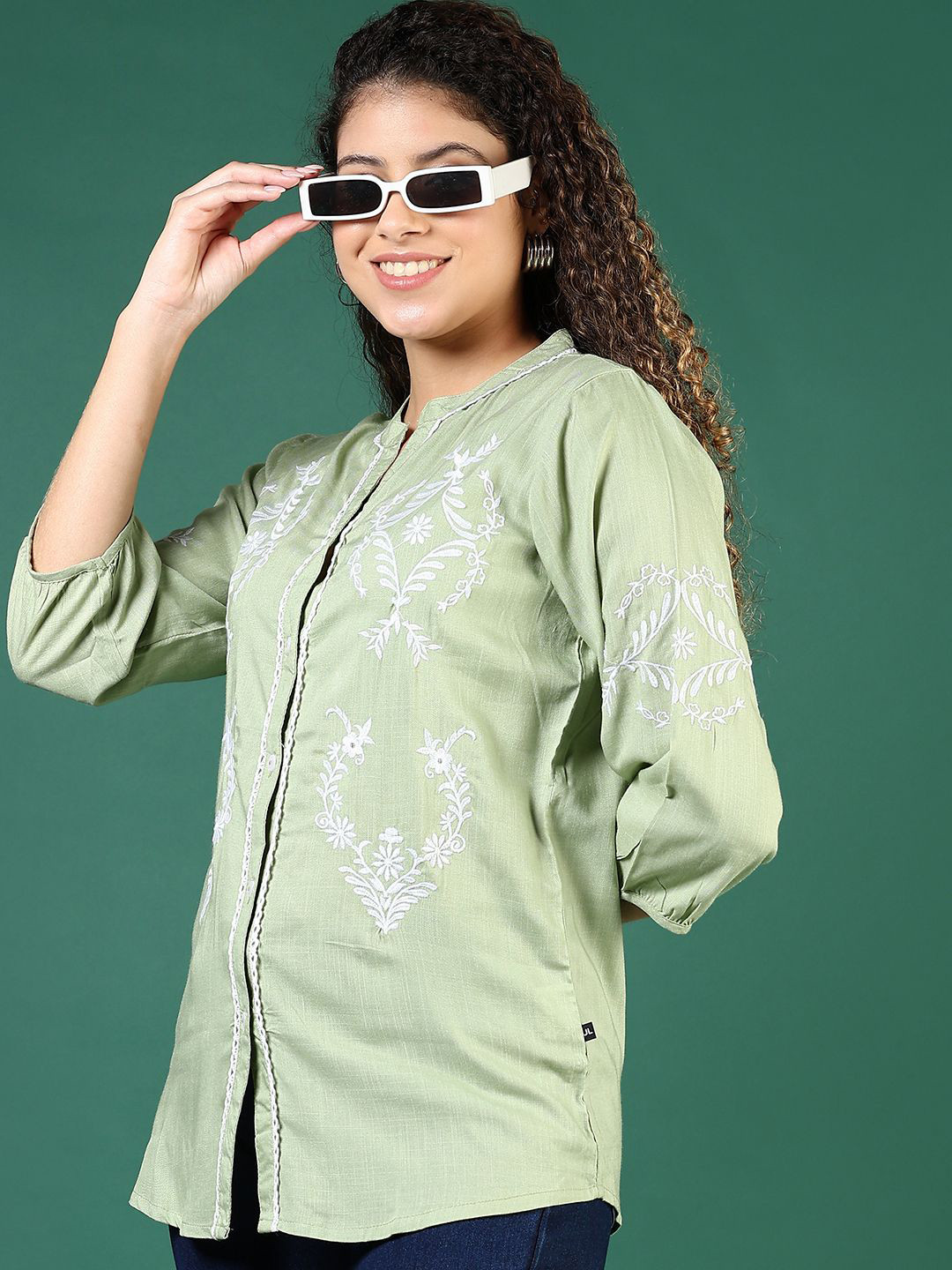 V-Mart Floral Embroidered Mandarin CollarTop