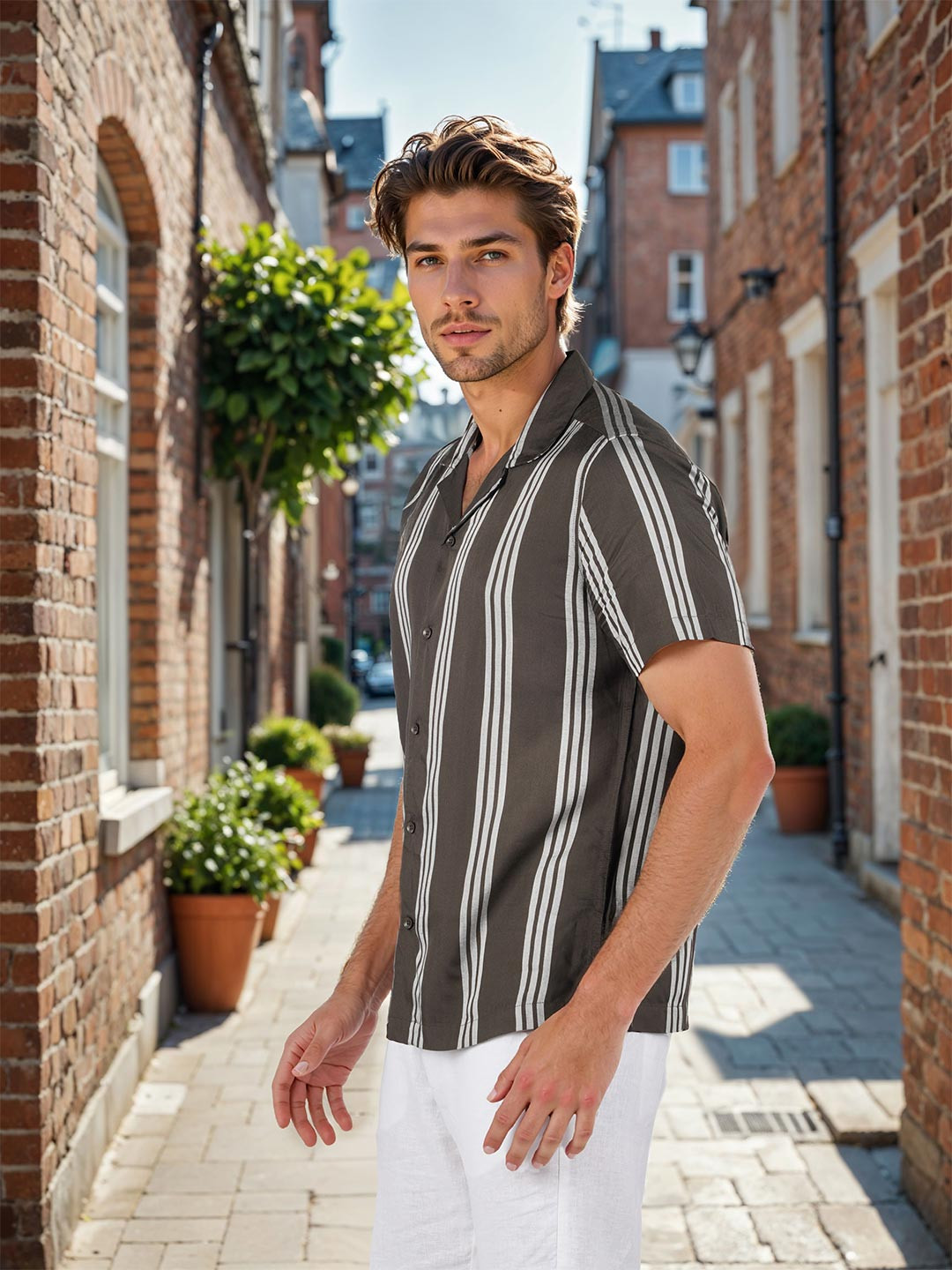 Celio Classic Vertical Stripes Cuban Collar Shirt