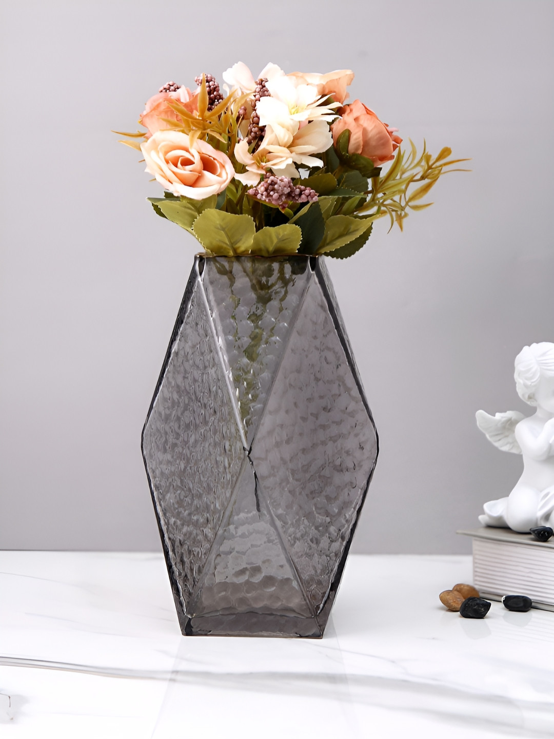 Myntra Elegant Homes Black Textured Glass Geometric Shaped Flower Vase