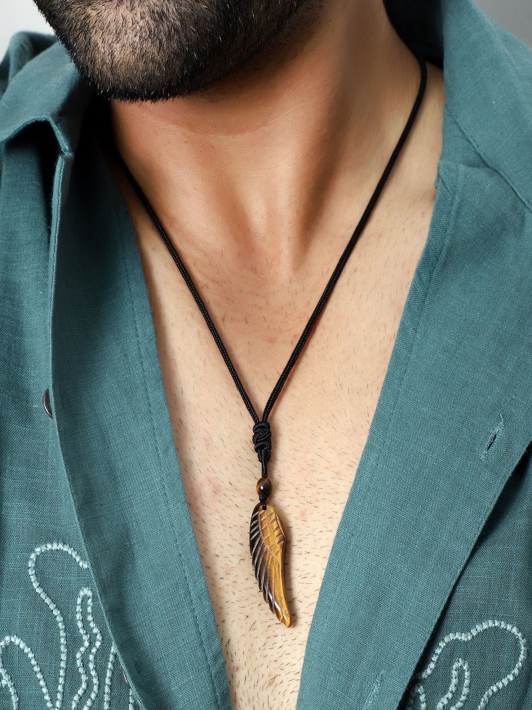 Nirvana Men Stainless Steel Feather Shaped Tiger's Eye Angel Wing Rope Pendant