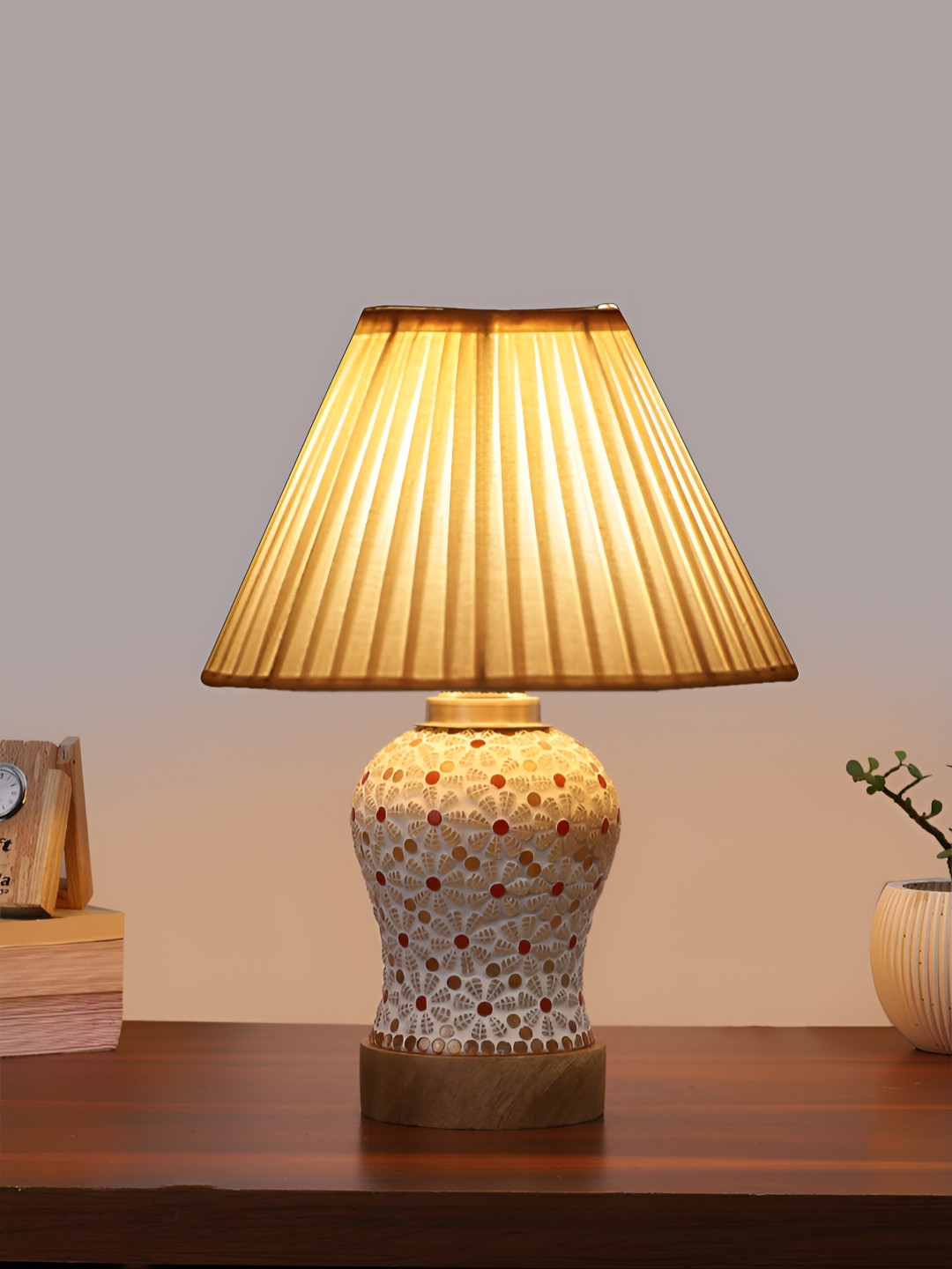Devansh Off White & Red Printed Wooden Frustum Shaped Table Lamp With Mosaic Glass Base