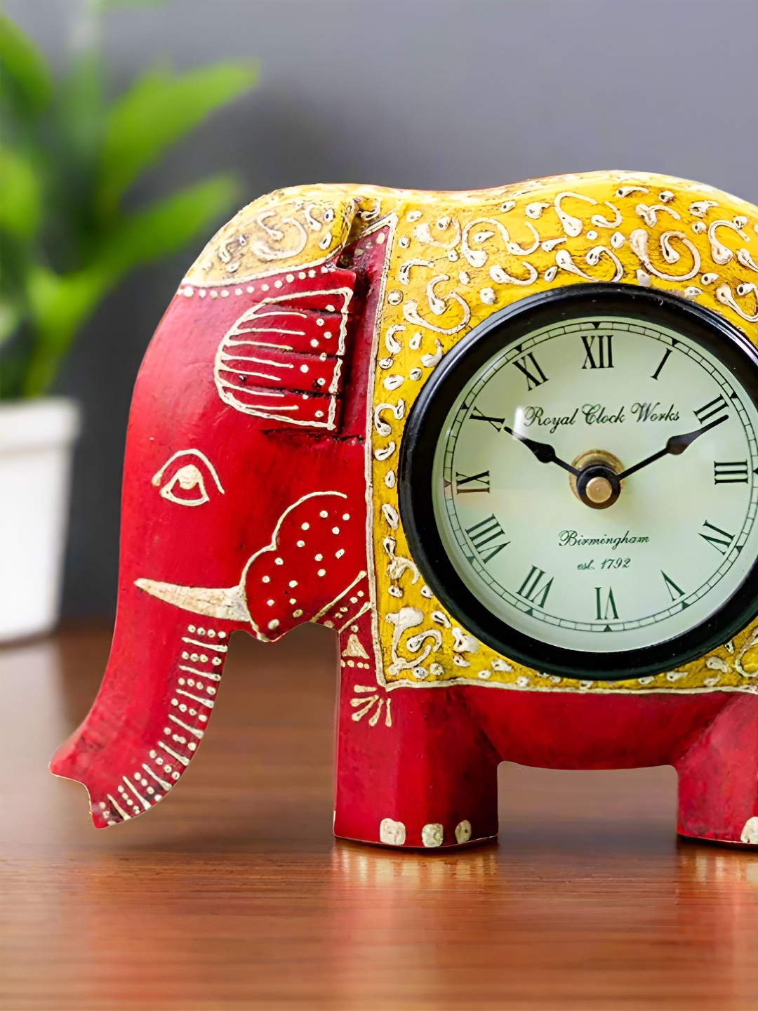 apka mart Red & White Printed Analogue Wooden Elephant Shaped Traditional Clock