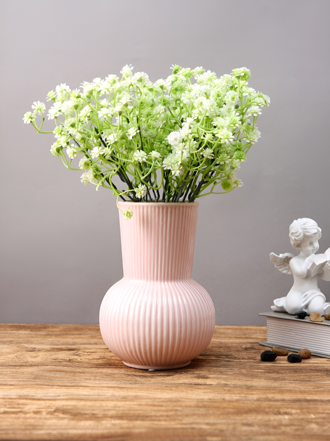 Myntra Elegant Homes Pink Striped Ceramic Glossy Vintage Bloom Flower Vase