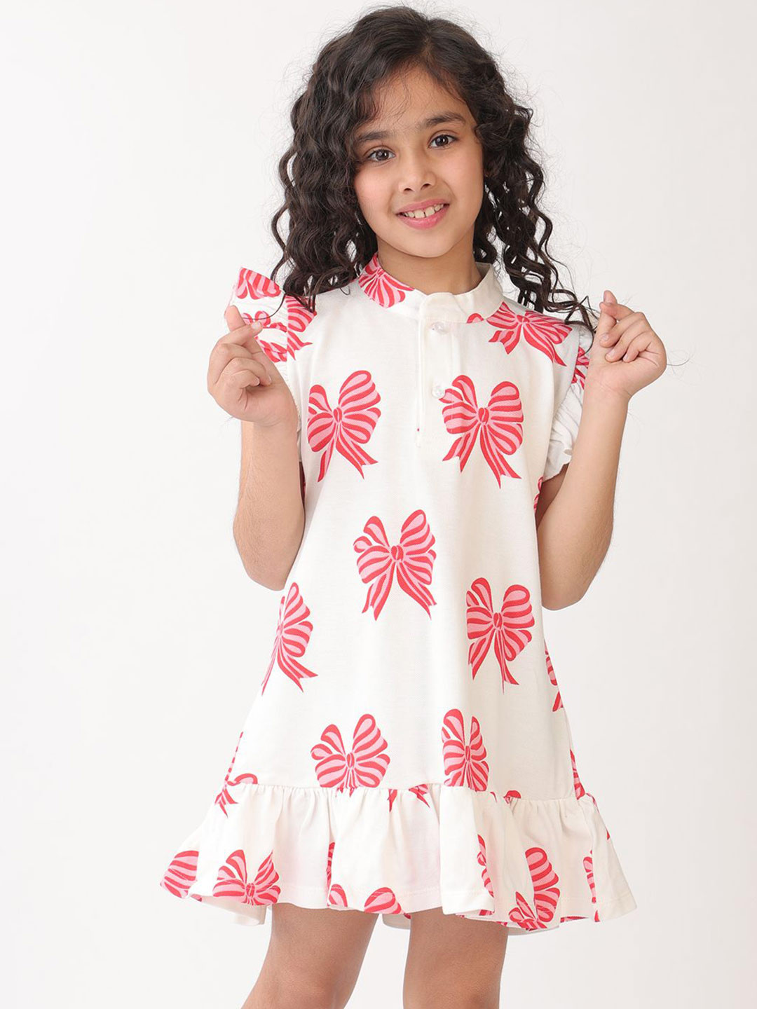 Anthrilo Girls Print Summer Bow Pink Frill - Off White A-Line Dress