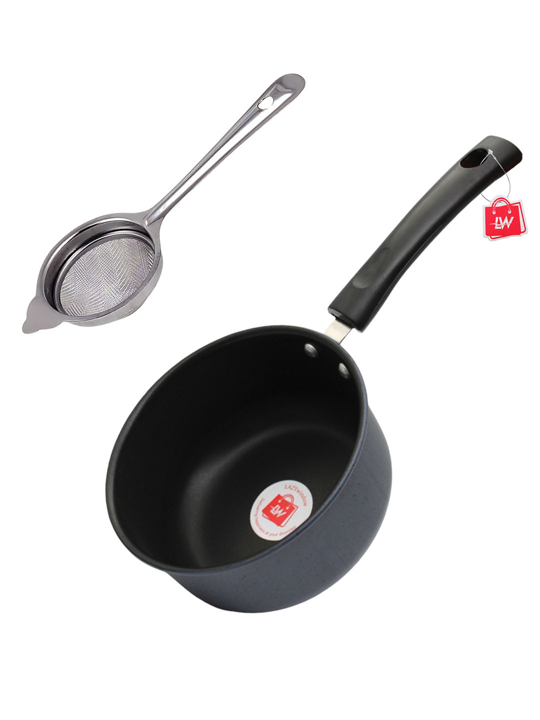 LAZYwindow Grey & Black Nonstick Sauce Pan 1.5L And Tea Strainer