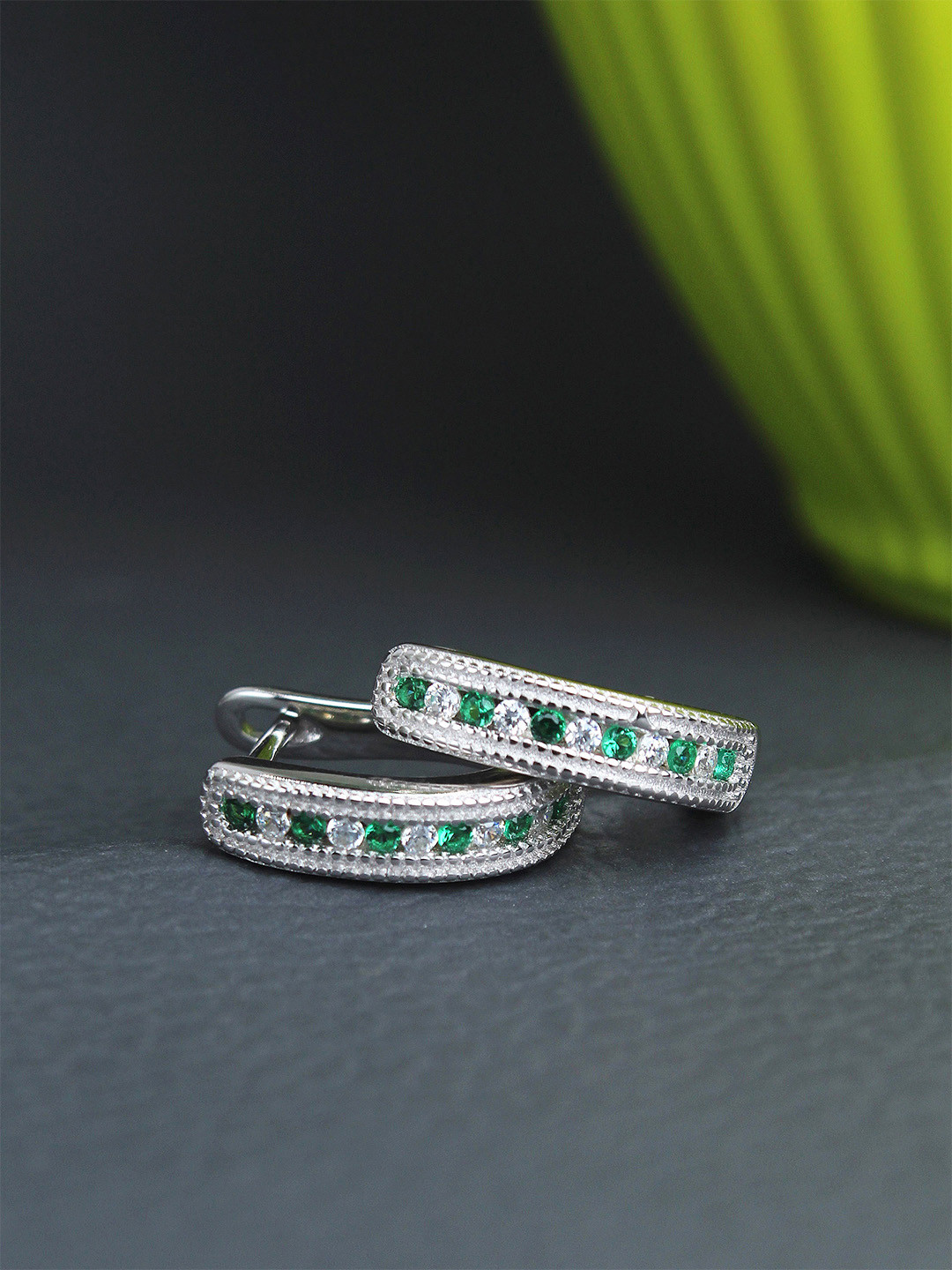 DEVASHREE Huggie 925 Sterling Silver Rhodium-Plated Cubic Zirconia Circular Hoop Earrings