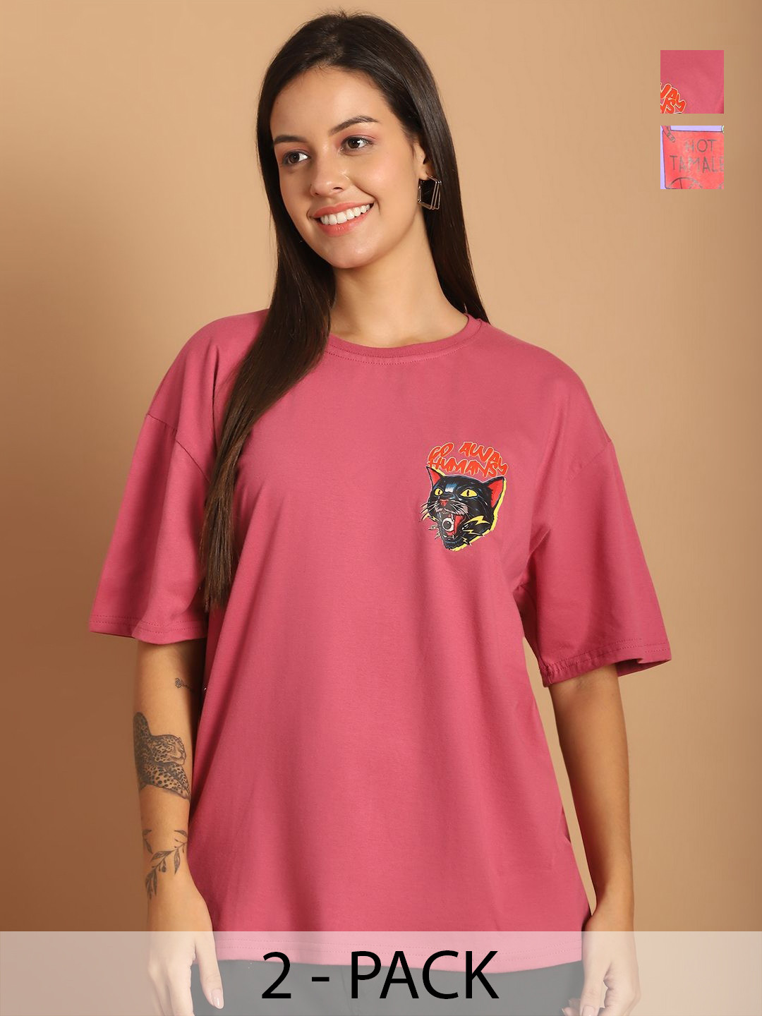 Tromko Women Pack of 2 Pink Panther Graphic Printed Round Neck Cotton Oversized T-shirts