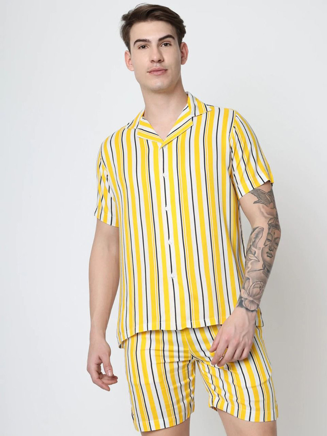 ISUEL FAB Men Striped Printed Lapel Collar Night suit