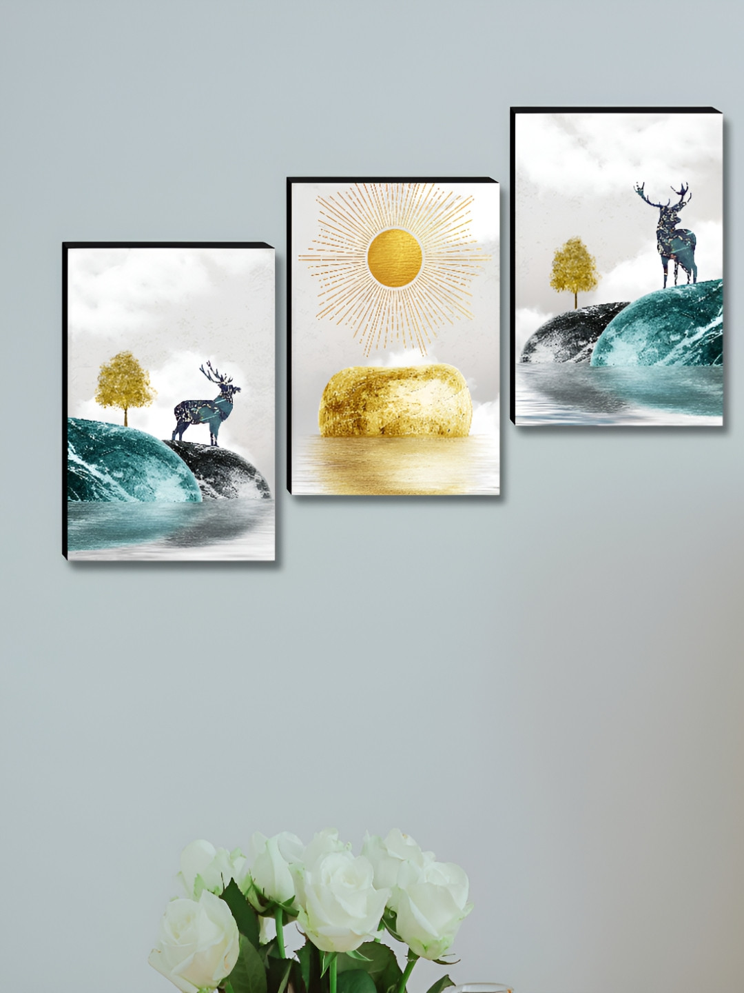Myntra Elegant Homes White & Gold-Toned 3 Pieces Birds & Animals Deer & Sun Rise Wall Arts