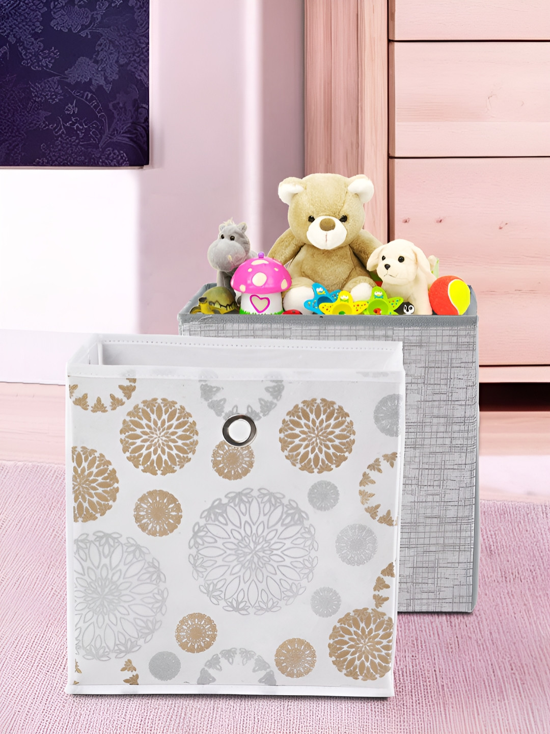 Aura Storage Box Grey And White 2 Pieces Floral Printed Foldable Square Drawer Organizer
