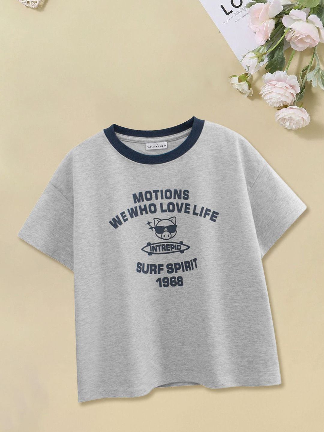 FOREVER FRIDAY Girls Graphic Raw Edge Round Neck Short Sleeves Pure Cotton T-shirt