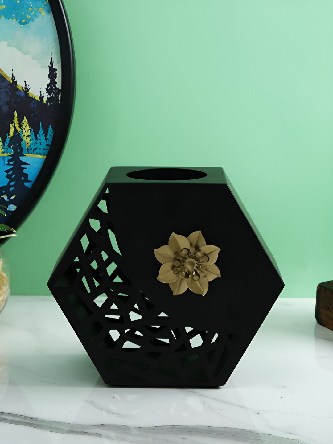 Myntra Elegant Homes Black And Gold Toned Floral Hexagonal Shaped Flower Vase