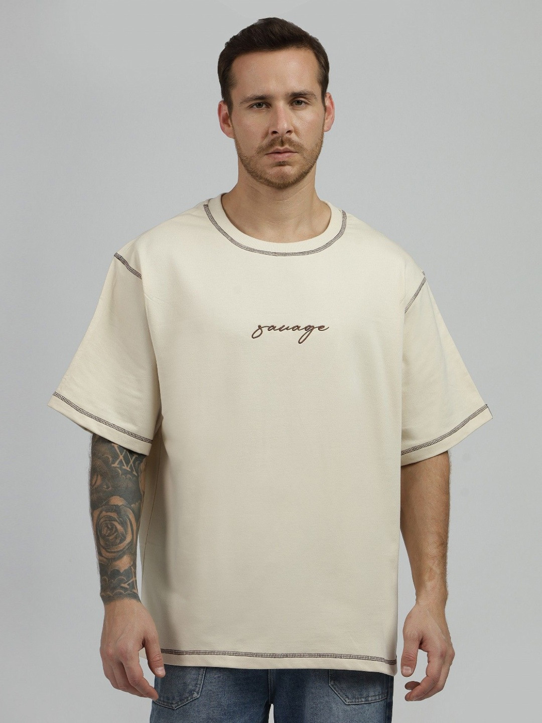 Be Savage Self Design Round Neck Cotton Oversized T-shirt