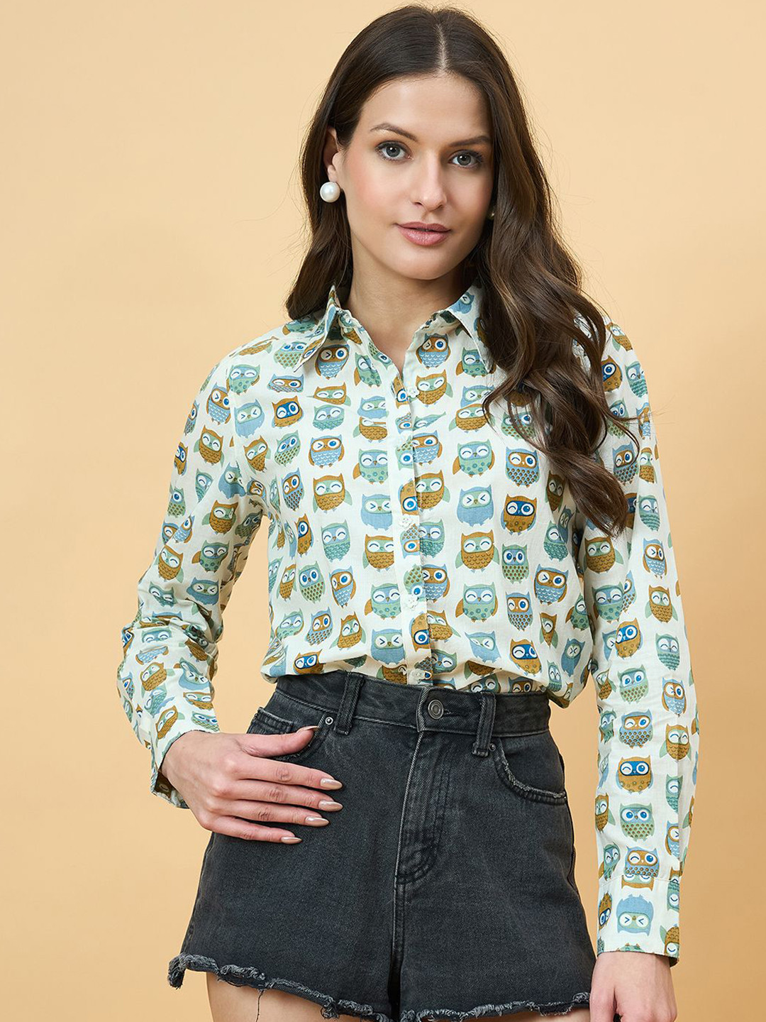 Azira Standard Animal Printed Spread Collar Cotton Shirt