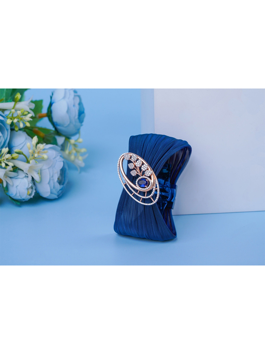 KIORAH 925 Silver-Plated Cubic Zirconia Studded Floral Cuff Bracelet