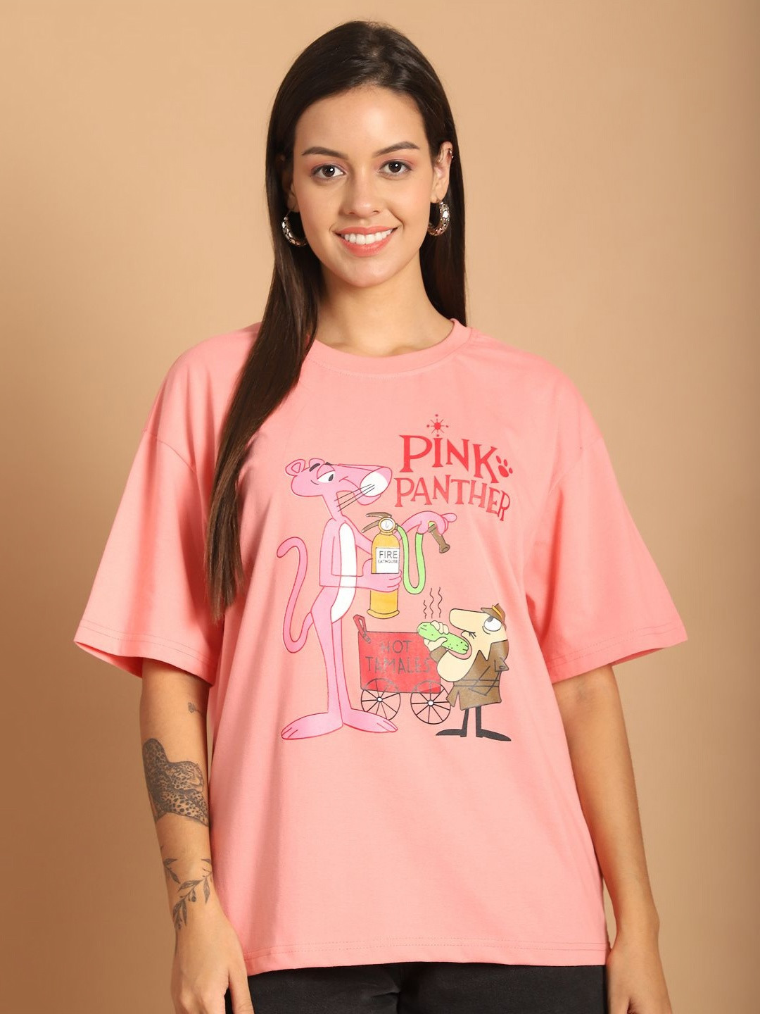 Tromko Women Pink Panther Graphic Printed Round Neck Cotton Oversized T-shirt