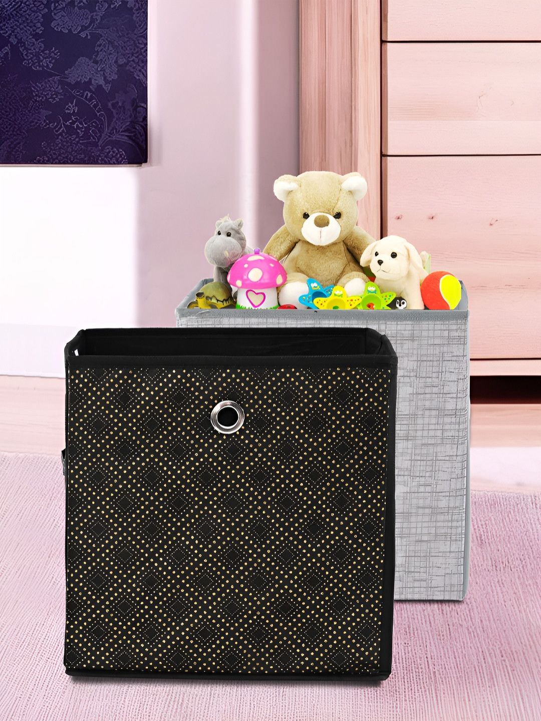 Aura Grey & Black 2 Pieces Foldable Cloth Square Storage Box with Ring Drawer Organisers