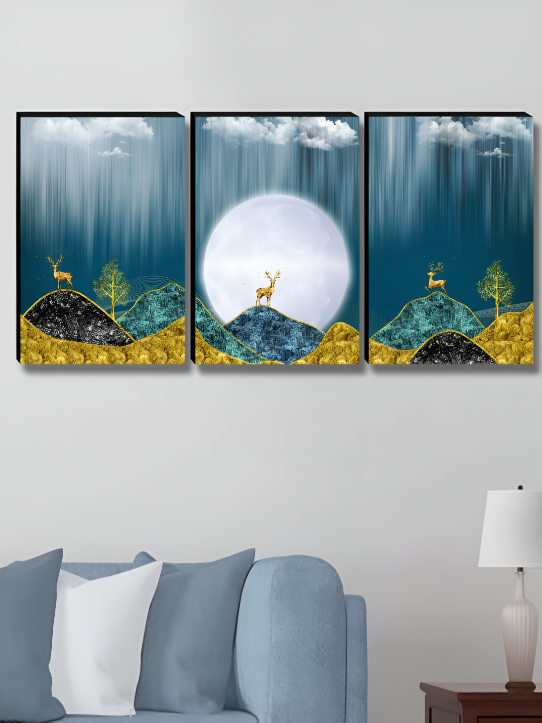 Myntra Elegant Homes Blue & White 3 Pieces Moon & Deer Birds and Animals Wall Art