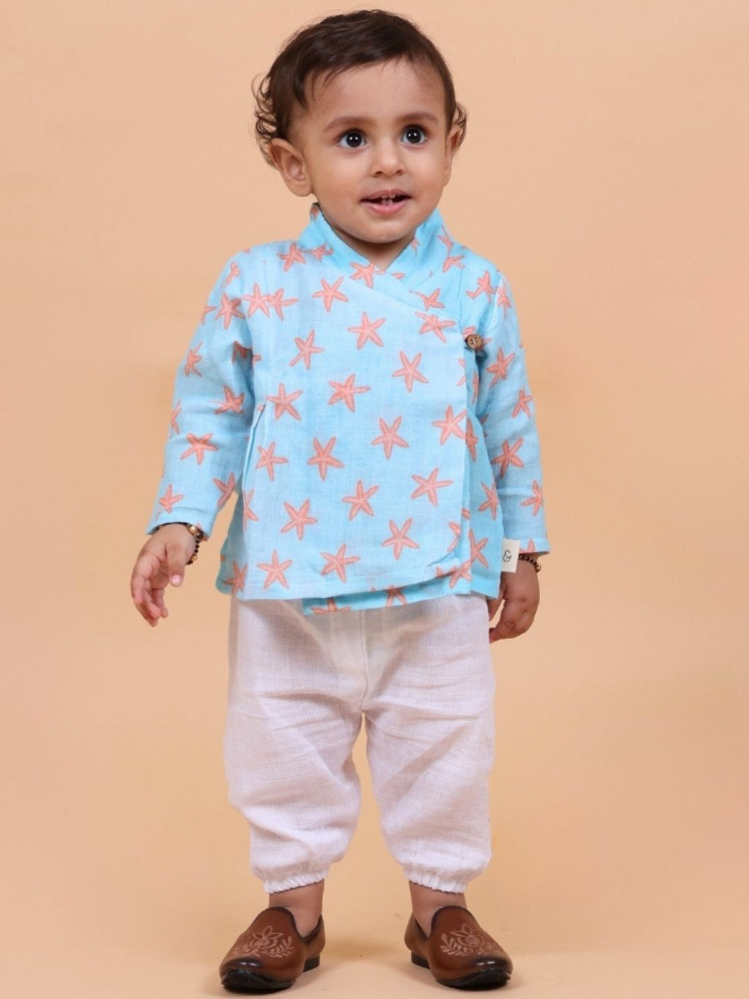 MAMA AND PEACHES Unisex Geometric Printed V-Neck Angrakha Pure Cotton Kurta With Pyjamas
