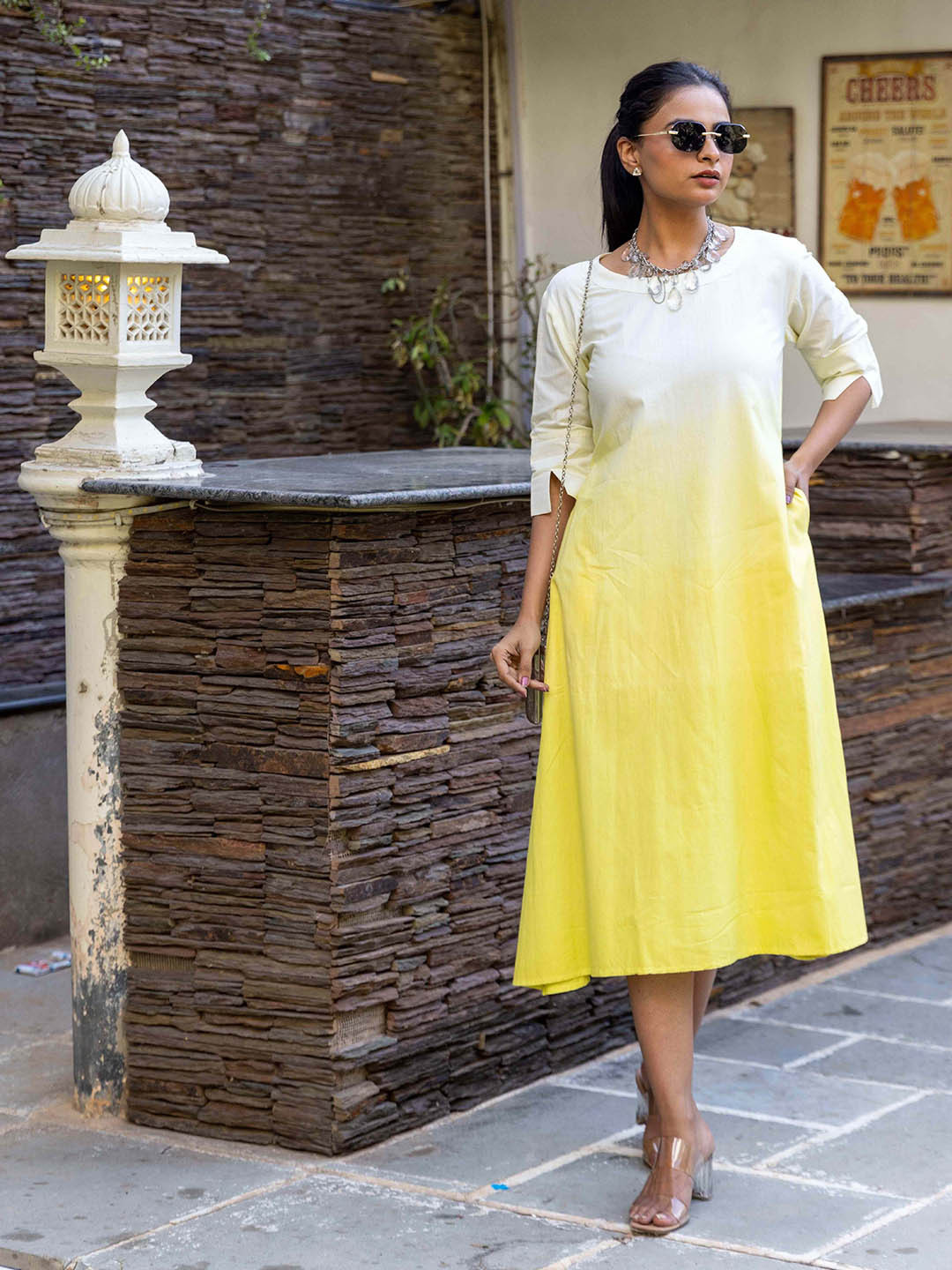 INAAYA JAIPUR Ombre Dyed Slit Sleeve Fit & Flare Midi Dress
