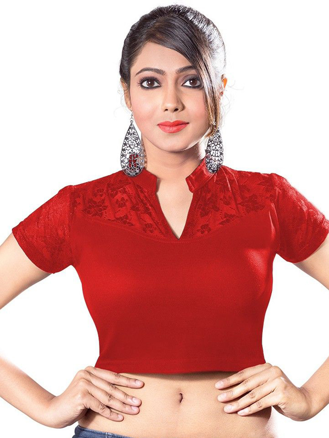 Abhi Women Floral Mandarin Collar Short Sleeves Styled Back Crop Top